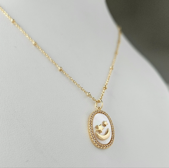 Champagne Gold Necklace with Mother Of Pearl, Oval Star and Moon - Picture 4 of 6